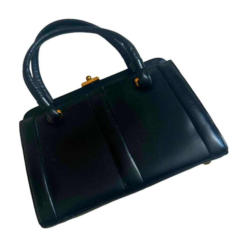 Retro Vintage Leather Purse Handbag 50s Style Elegant Black Gold Closure Clasp